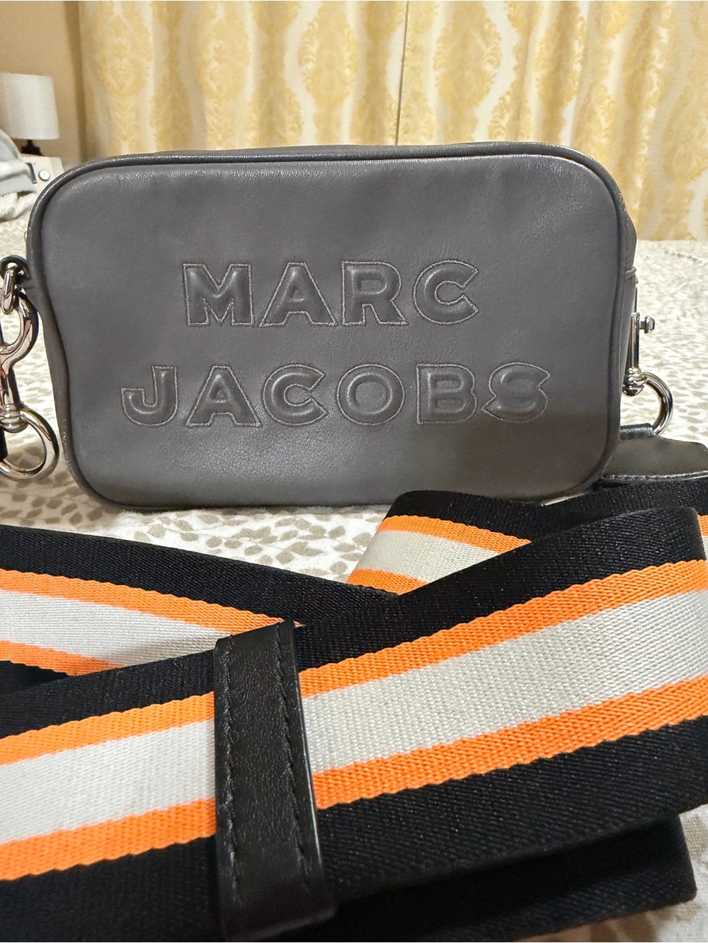 Marc Jacobs Gray Leather Crossbody with Orange-Striped Webbing Strap